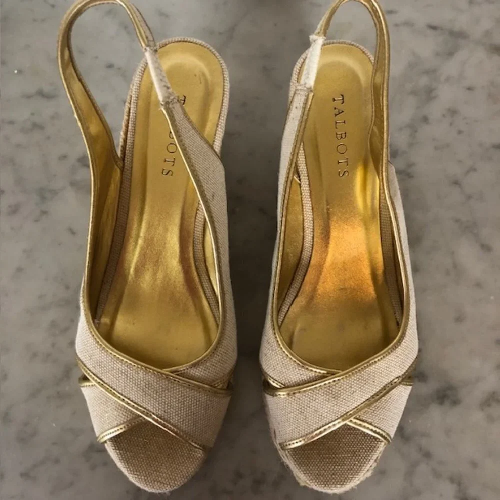 TALBOTS Linen Gold Cross Toe Jute Slingback Wedge Sandals 9 1/2M